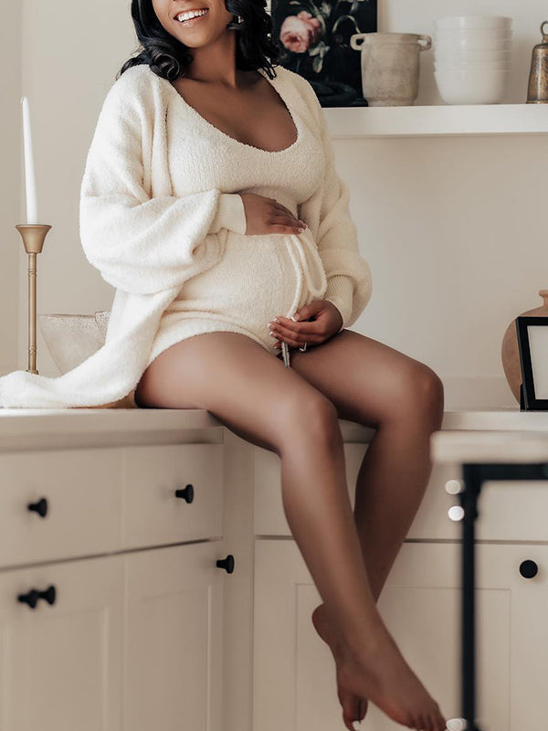 Ivory Three-piece Cozy Knit Set Fluffy Maternity Loungewear Outfit