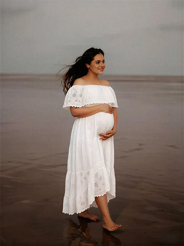 midi dress for pregnant Momyknows White Bohemian Off-Shoulder Lace Maternity Photoshoot Midi Dress White / S