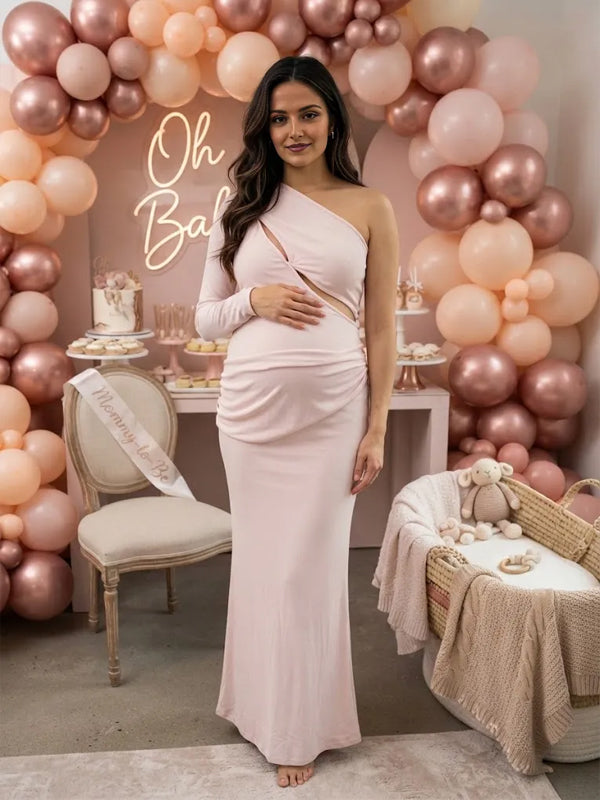 pink gold maternity dress Momyknows Oblique Shoulder Openwork One-Sleeve Ruched Baby Shower Maxi pink blush maternity dress
