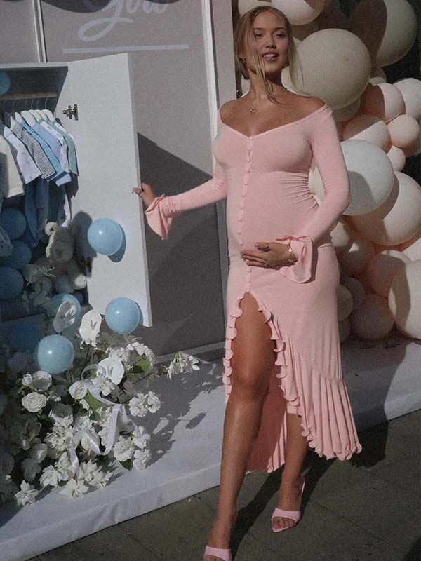 Momyknows Off Shoulder High-low Ruffle Single Breasted Side Slit Maternity Maxi Dress