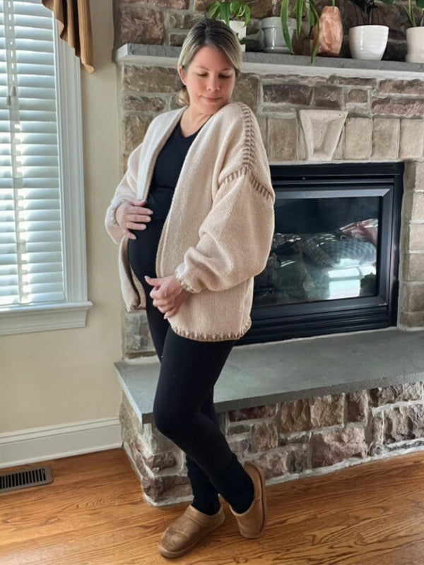 Momyknows Lines Hit Color Lantern Sleeve Fashion Daily Photoshoot Maternity Sweater Cardigan