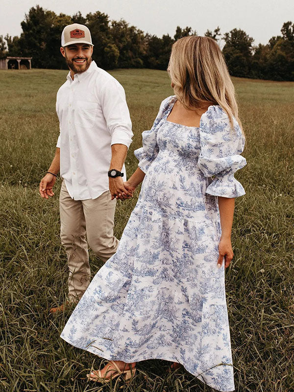 Momyknows Ruffle Ruched High Waist Puff Sleeve Cute Photoshoot Maternity Maxi Dress