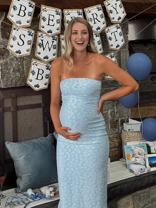 Momyknows Light Blue Stamp Duty Bodycon Maternity Baby Shower Maxi Dress