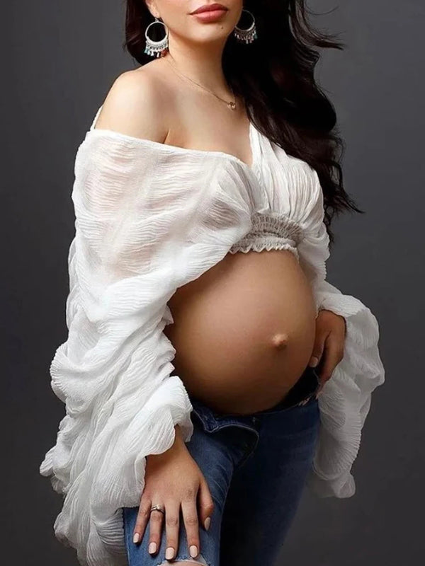 Momyknows Belly Friendly Loose Puff Sleeve Props Accessories Sheer Photography Babyshower  Maternity Pleated Top