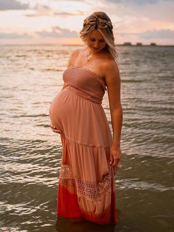Momyknows Watermelon Red Smoked Openwork Bohemian Maternity Photoshoot Maxi Dress