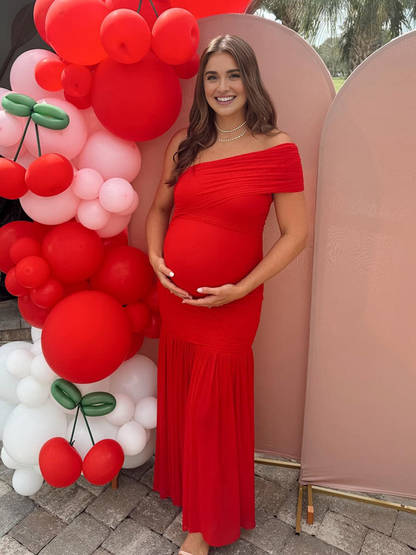 Momyknows Red Sheer Side Slit Oblique Shoulder Ruched Baby Shower Maternity Photoshoot Maxi Dress Red / S
