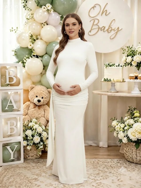 long sleeve baby shower dress Momyknows White Ruffle Ribbon Bodycon Maternity Maxi Dress, White / L Malvara Cream Floral Print Fabric Mainstays Ardent 8 Drawer size:Custom Size