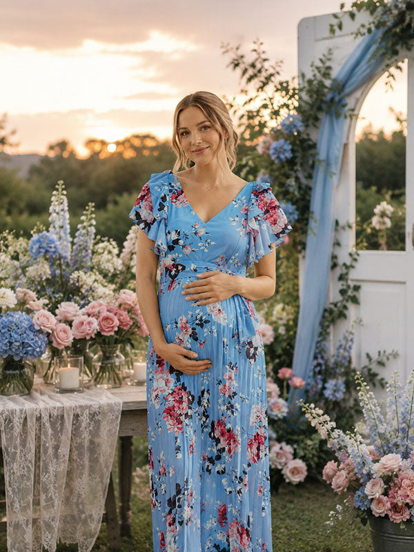 Momyknows Fashion Floral Falbala Pleated Lace-Up Photoshoot Maternity Maxi Dress
