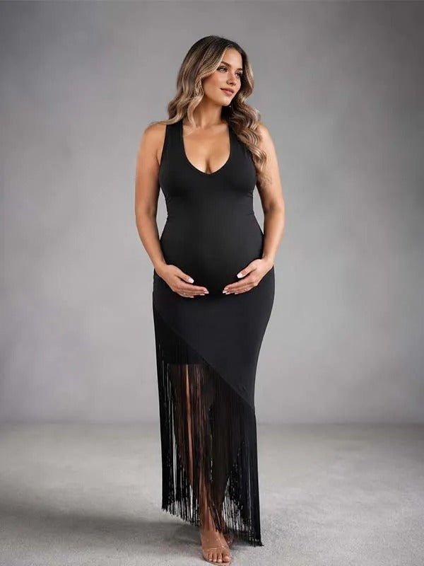 Momyknows Black Backless Tassel Irregular U-neck Maternity Photoshoot Maxi Dress