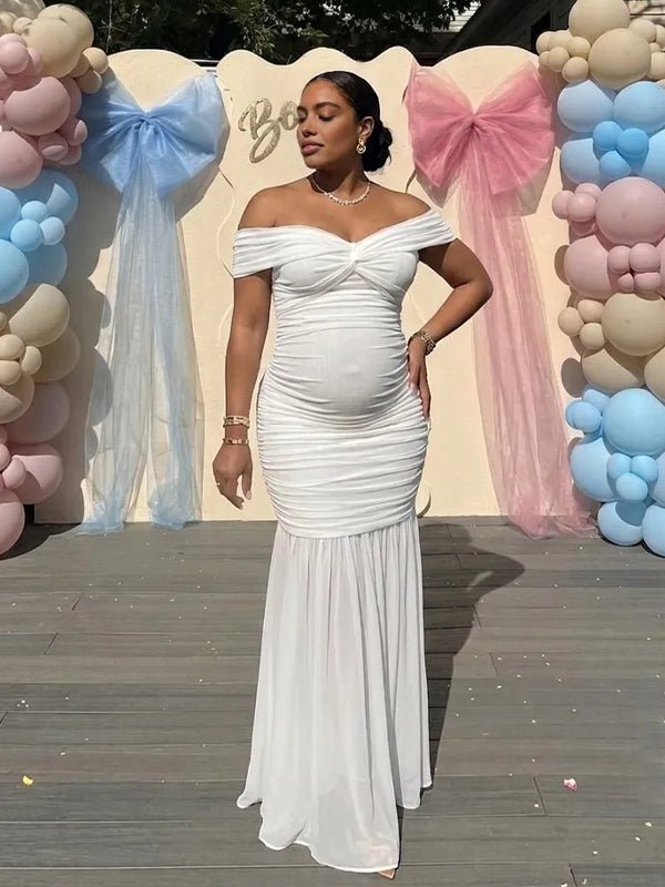 Momyknows White Off Shoulder Mermaid Mesh Ruched Bodycon Wedding Gender Reveal Maternity Maxi Dress, White / XXL