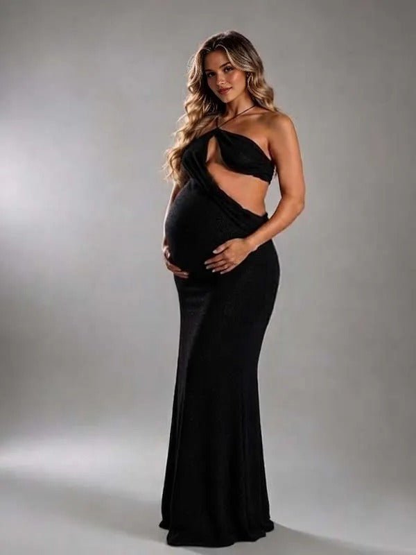 maternity photoshoot black dress Momyknows Sheer Ruffle Halter Neck Irregular Midriff Lace-up Maxi Model is wearing size A Pretty Jacket for Style:8680LB networking