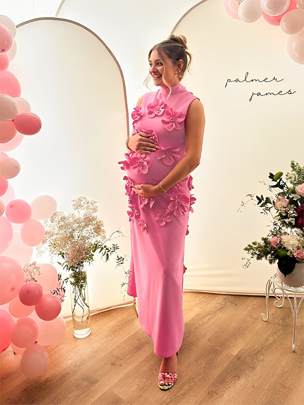 Momyknows 3D Flowers Band Neck Back Bow Photoshoot Baby Shower Maternity Maxi Dress