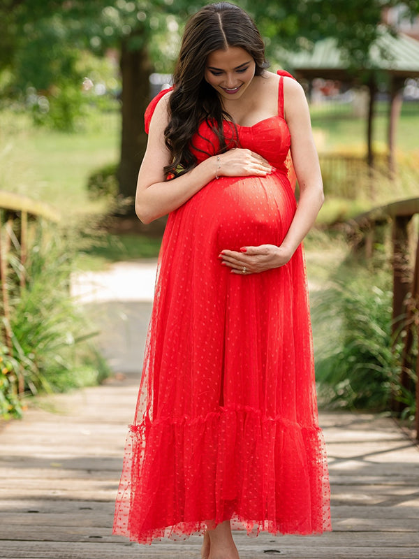 Momyknows Red Glitter Spaghetti Strap Lace-Up Maternity Photoshoot Maxi Dress Red / S
