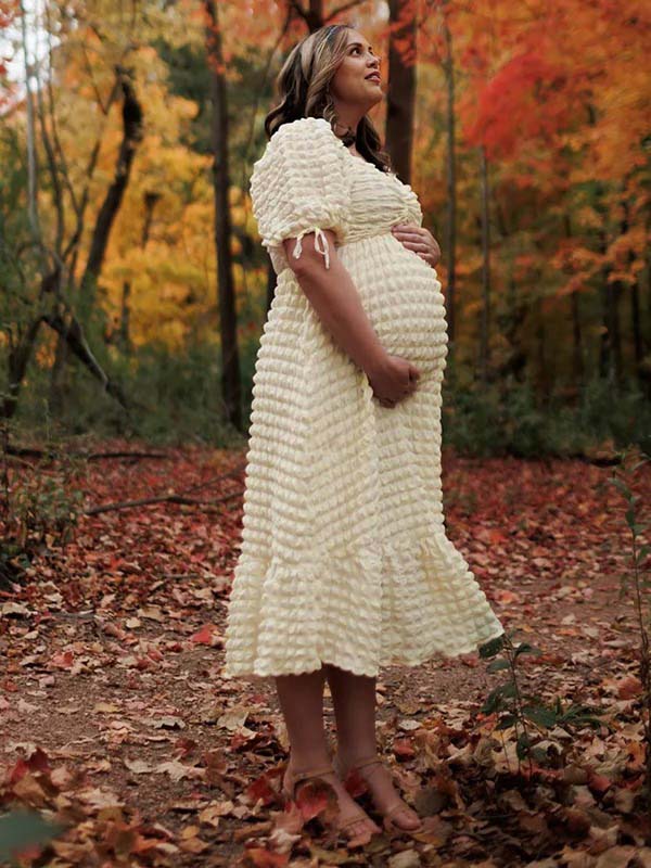 bubble textured maxi dress Momyknows Bubble Texture Sweetheart Neckline Ruched Bodice A-line Puff Sleeve Elegant Going Out Maternity Photoshoot Maxi Dress Beige / M