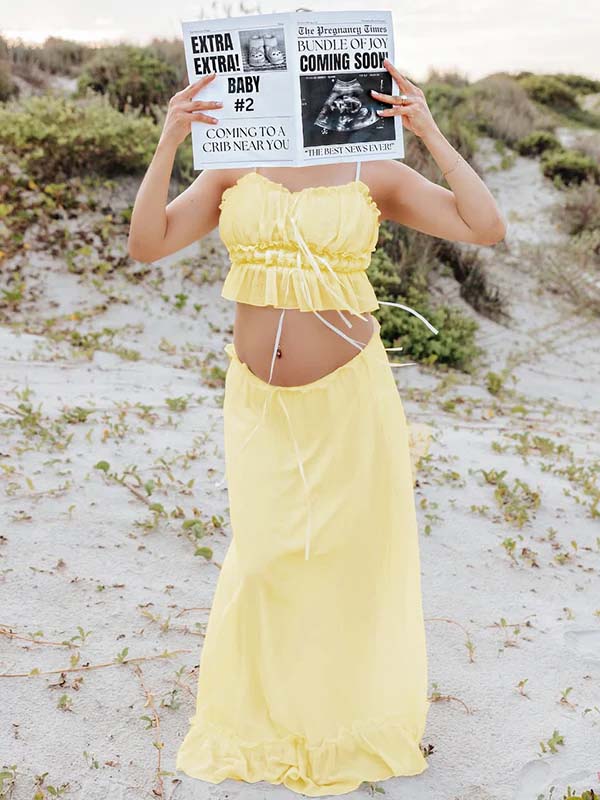 Momyknows Yellow Ruffle Ruched Lace-up Cami Big Swing Two Piece Set Maternity Maxi Dress