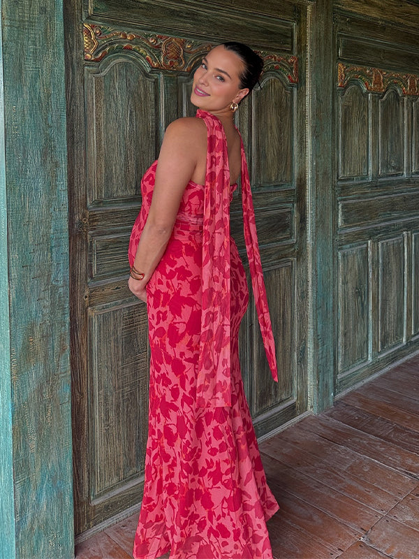 Watermelon Red Leopard Wrap Mermaid Banquet Maternity Maxi Dress