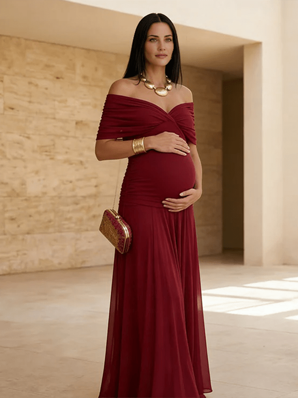 Momyknows Chic Dark Blue Grenadine Ruched Off Shoulder Flowy Baby Shower Maternity Maxi Dress, Red / M