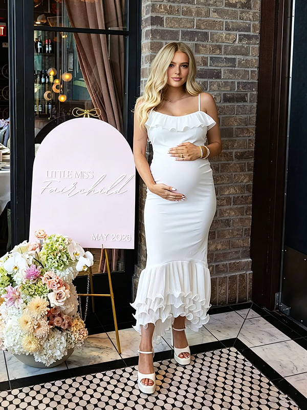 Momyknows White Layered Ruffle Cami Backless Mermaid Bodycon Elegant Baby  Shower Maternity Maxi Dress