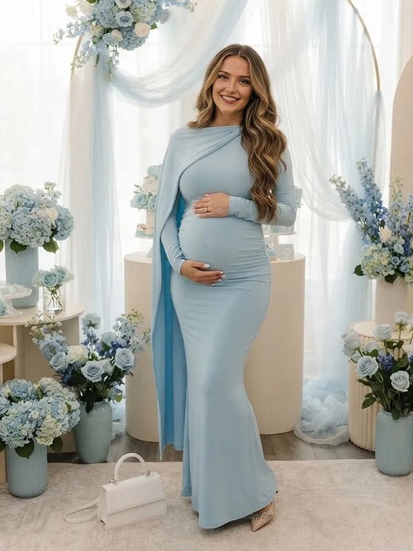 Momyknows Blue Ruched Cape Bodycon Maternity Baby Shower Maxi Dress