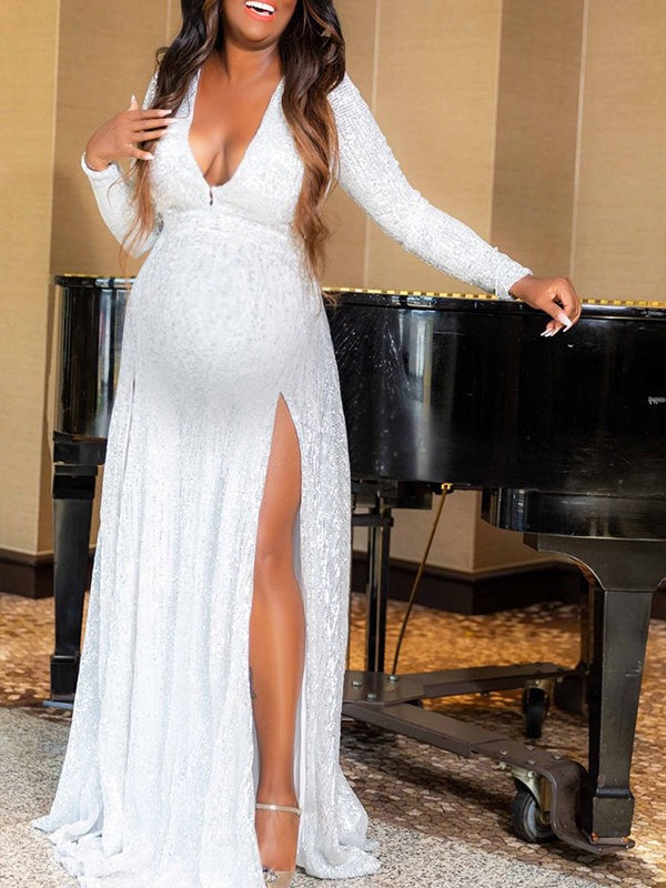 Momyknows Sequin V-Neck Side Slit Long Sleeve Elegant Banquet Maternity Maxi Dress