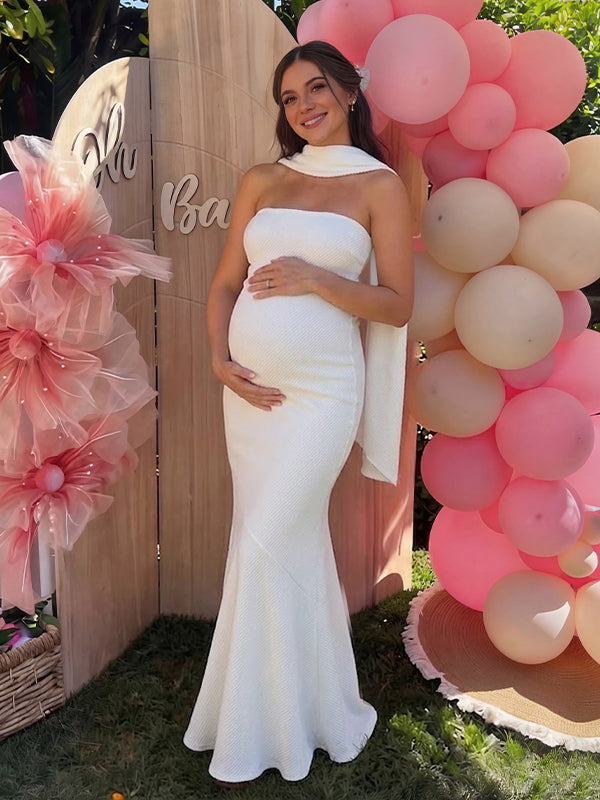 white strapless maternity dress Momyknows Scarf Bodycon Mermaid Off-Shoulder Strapless Baby Shower Maxi  Dress