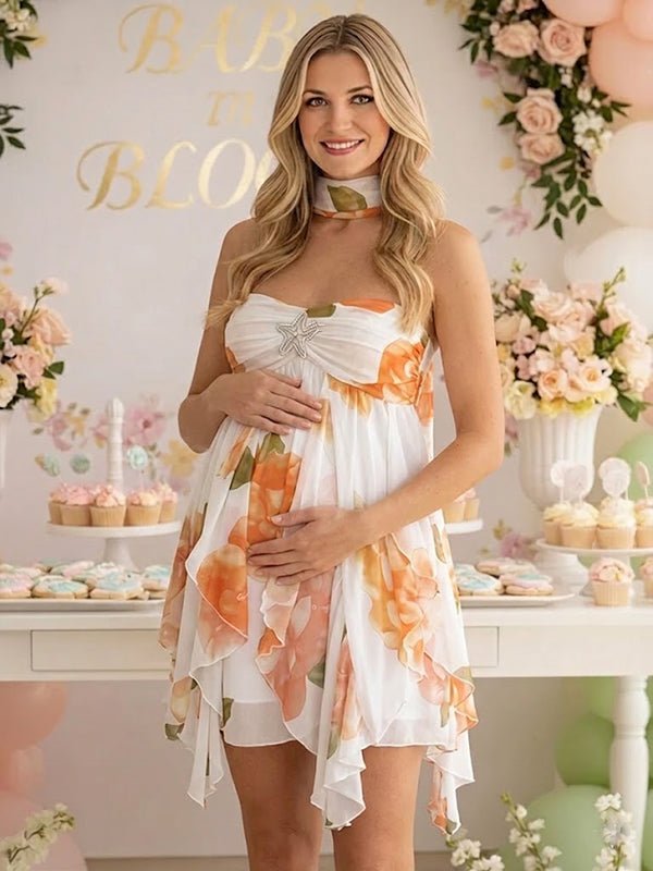 mini maternity dress Ribbed Active With Built-In Bra Ingrid & Isabel itll feel oh Momyknows Orange Floral Cascading Ruffle