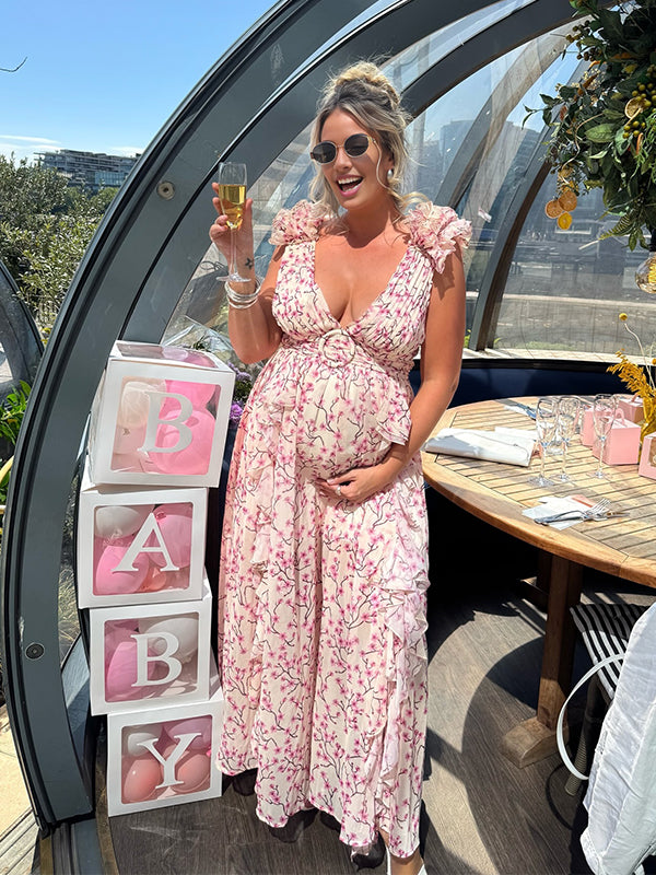Momyknows Ruffle Tutu Cut Out Back Tie Deep V-neck Flowy Baby Shower Maternity Maxi Dress Momyknows Ruffle Tutu Cut Out Back Tie Deep V-neck Flowy Baby Shower Maternity Maxi Dress