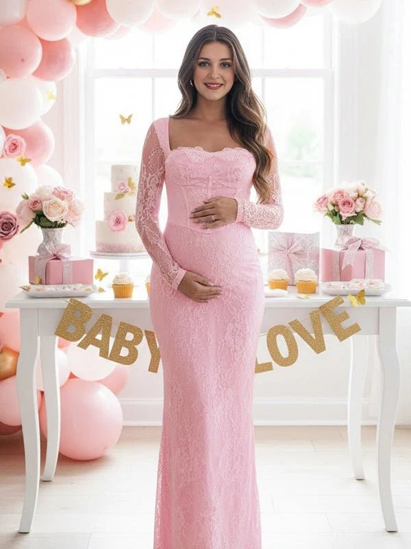 pink bodycon maternity dress Momyknows Lace Ruffle Back Slit Square Neck Maxi Dress, White / XL Boat neck Sleeve length hot pink black prom aab Size:EU-44 & US-10.5/11