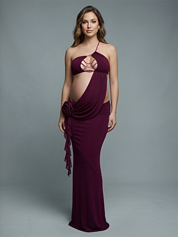 Momyknows Elegant Wine Red 3D Flowers Beading Chain Cut Out Maternity Photoshoot Maxi Dress, Wine Red / S