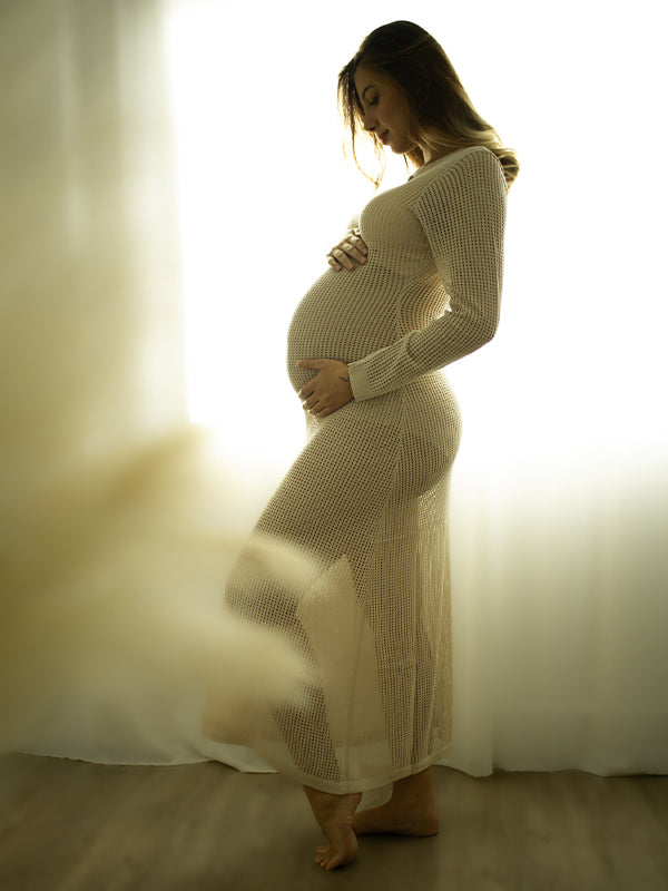 long sleeve cut out maxi dress in beige Momyknows Beige Back Tie Knit Cut Out Flare Sleeve Elegant Photoshoot Baby Shower Maternity Maxi Dress Beige / L