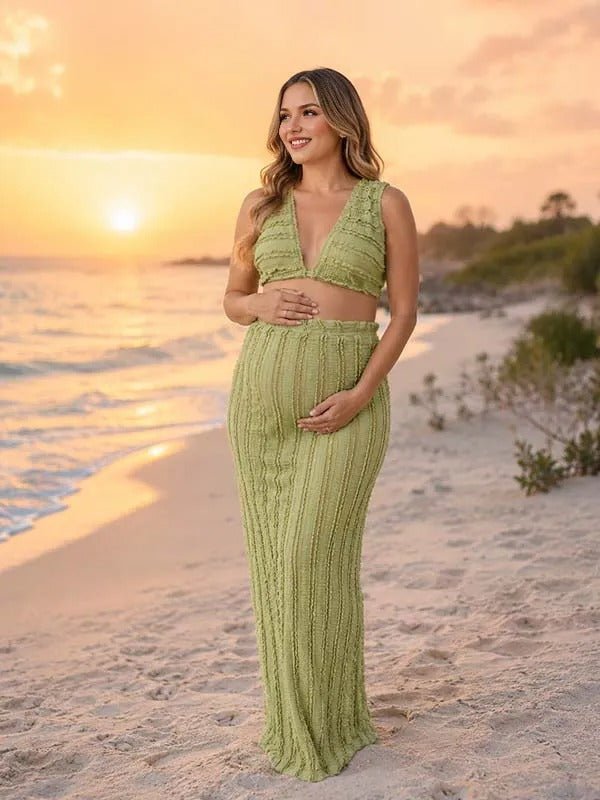 Momyknows Mint Green Midriff Lace Lace-up Backless Ruffle Two Piece Maternity Photoshoot Maxi Dress