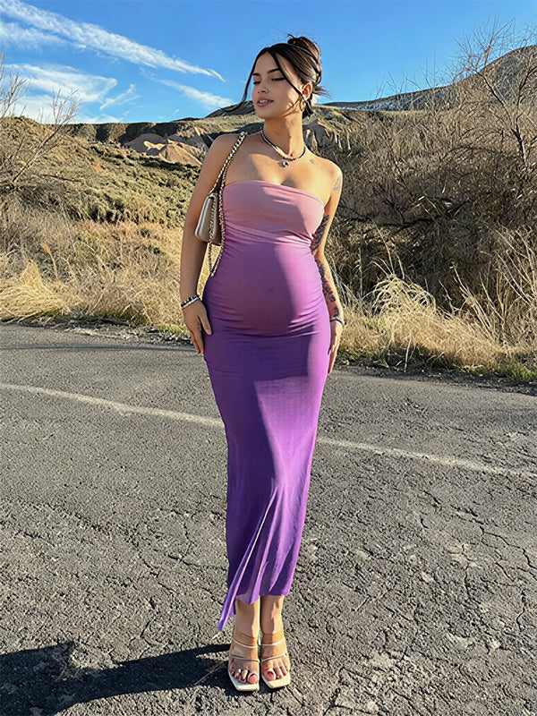 Momyknows Gradient Color Bodycon Bandeau Vacation Maternity Maxi Dress