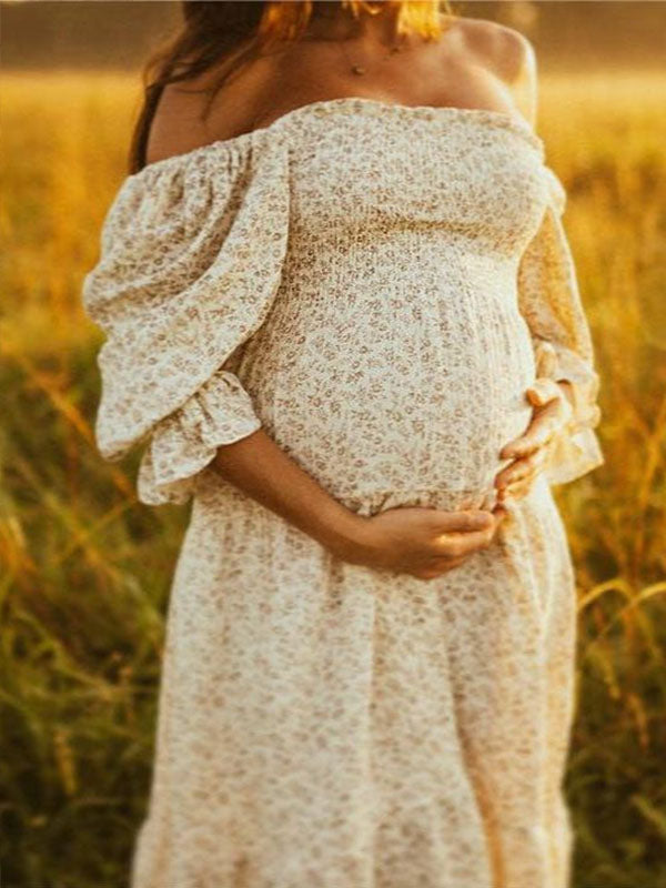 Momyknows Ruffle Ruched High Waist Puff Sleeve Cute Photoshoot Maternity Maxi Dress