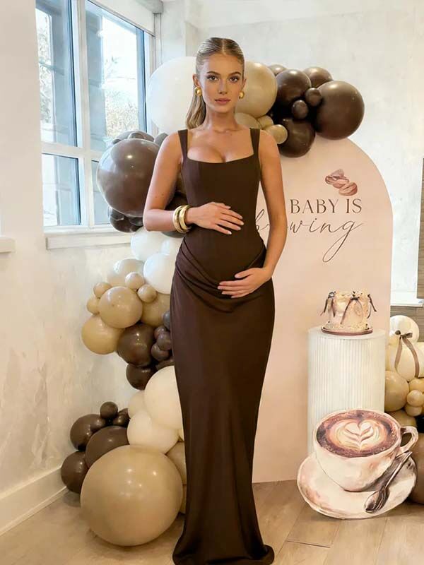 Momyknows Brown Ruched Bodice Lace-up Back Tank Bodycon Maternity Maxi Dress, Brown / L