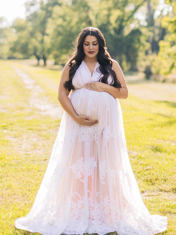 fitted lace wedding dress Momyknows White Lace Boho Specially Maternity Photoshoot Maxi Dress White / XL