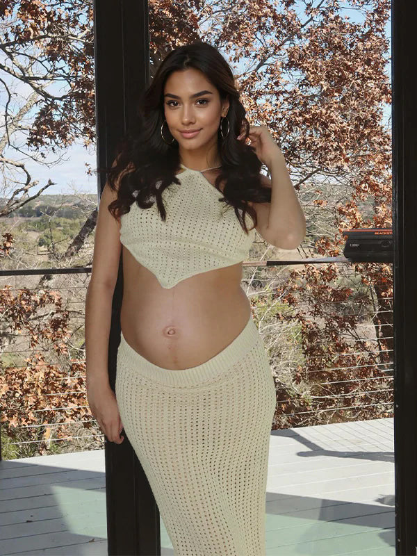 Momyknows Beige 2 Piece Halter Neck Crochet Fashion Beach Vacation Bodycon Maternity Maxi Dress Beige / M