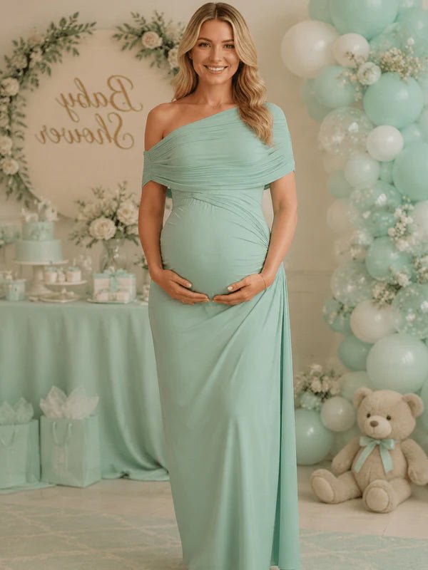 Momyknows Green Oblique Shoulder Ruched Bodycon Backless Maternity Baby Shower Maxi Dress, Green / M