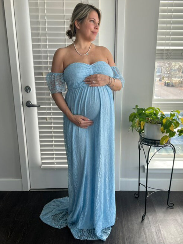 Momyknows Solid Color Lace Off Shoulder Cap Sleeve Photoshoot Maternity Maxi Dress Pink / S