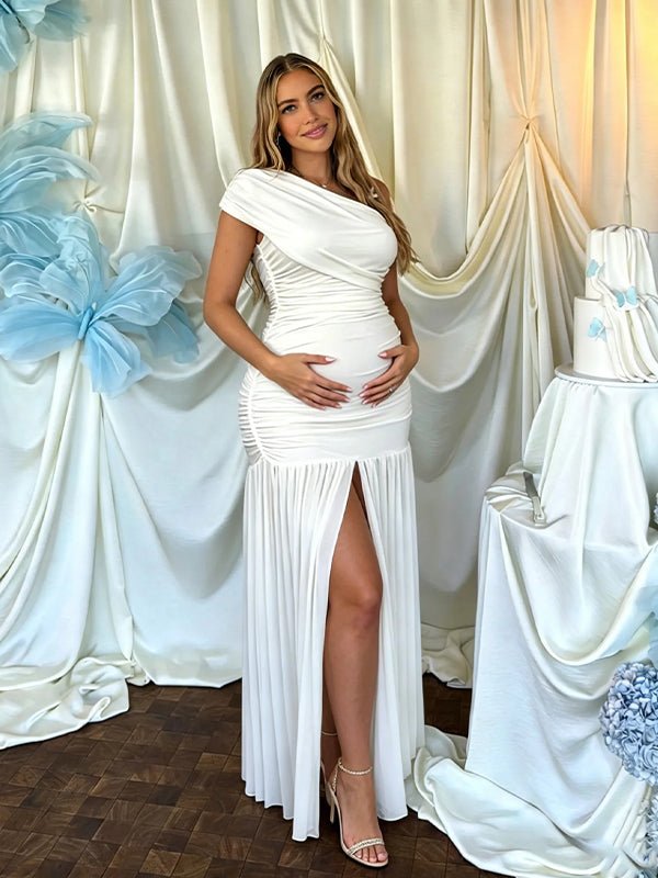 white one shoulder maternity dress One Shoulder Maternity Wedding Dress with Draped Cape and Sleek Sheath Skirt