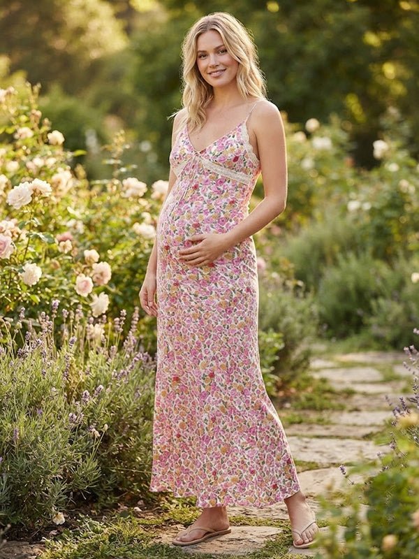 Momyknows Sweet Pink Lace Floral Lace Up Maternity Maxi Dress, Pink / L
