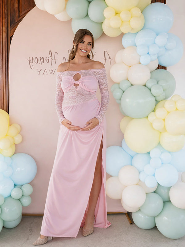 side ruched maternity maxi dress Momyknows Pink Lace Off Shoulder Cut Out Ruched Side Slit Maternity Maxi Dress, Pink / S