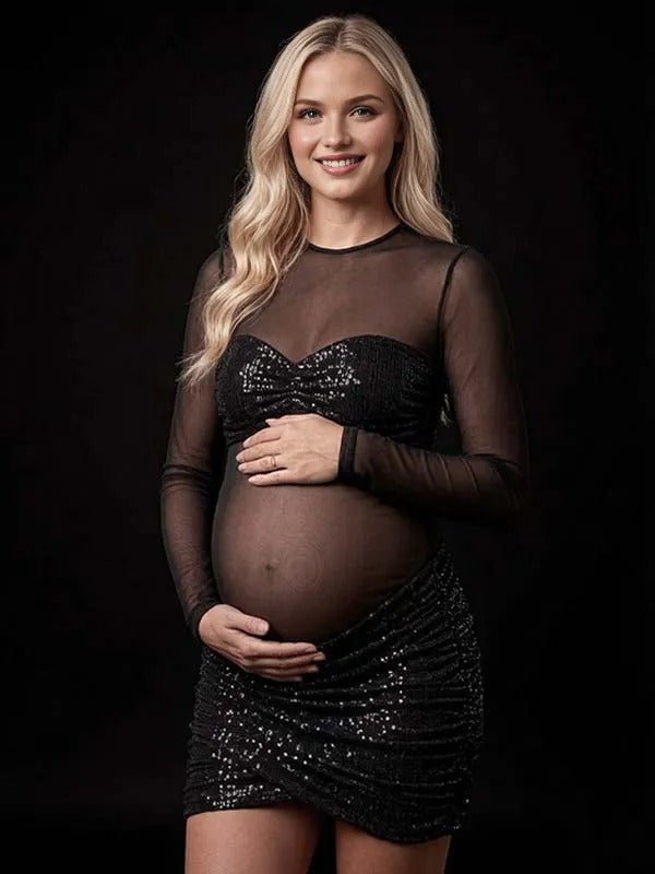 Momyknows Black Sheer Grenadine Hotfix Rhinestones Midriff Maternity Photoshoot Mini Dress, Black / L