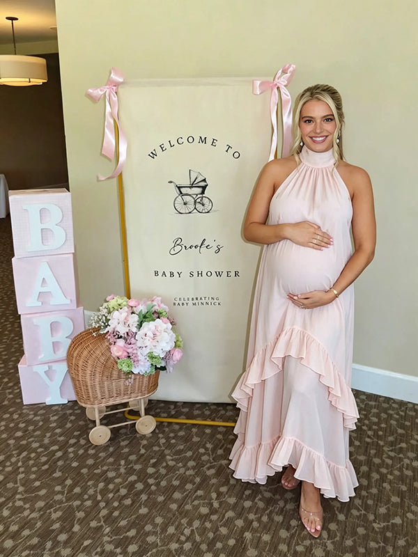 peplum dress pregnant Momyknows Halter Neck Cascading Peplum Maternity Baby Shower Maxi Dress, Blue / L