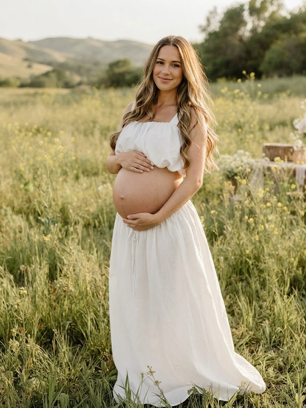 Momyknows Cute White Flowy 2-in-1 Maternity Photoshoot Maxi Dress