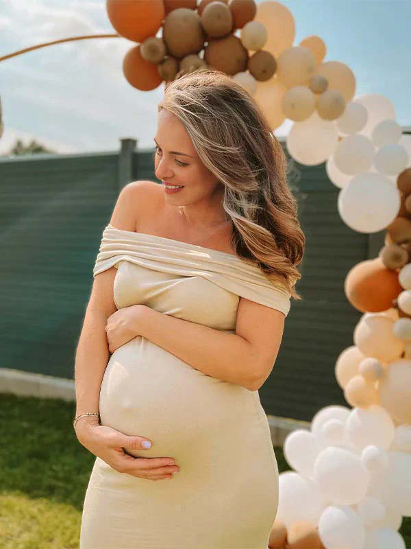 Momyknows Beige Off Shoulder Ruched Back Slit Bodycon Elegant Baby Shower Maternity Maxi Dress Beige / L Momyknows Beige Off Shoulder Ruched Back Slit Bodycon Elegant Baby Shower Maternity Maxi Dress Beige / L