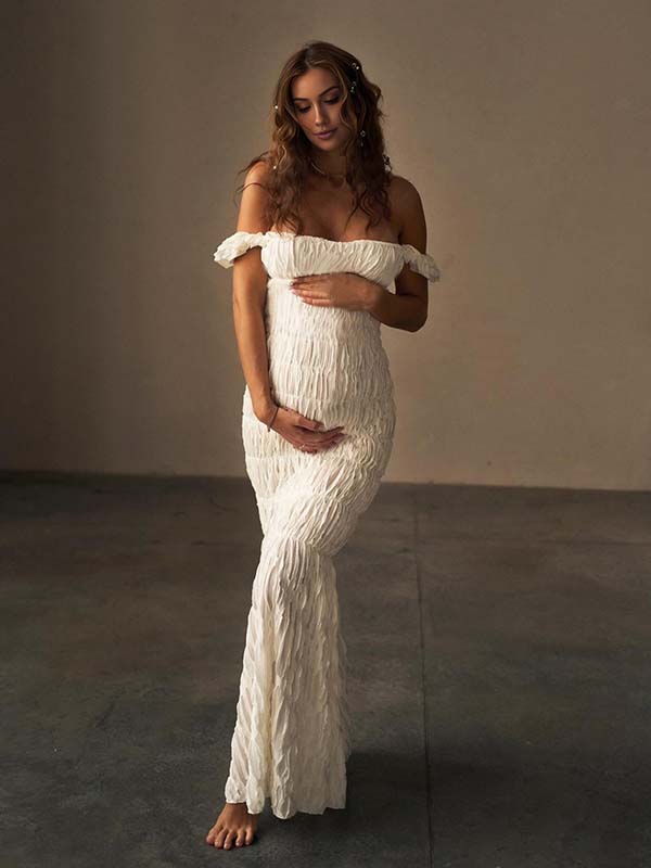 Momyknows Off Shoulder Smocked Ruched Hollow Out Sheer Photoshoot Maternity Maxi Dress