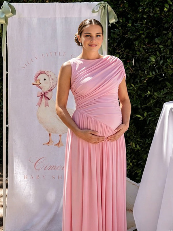 pink bodycon maternity dress Momyknows Pink Oblique Shoulder Ruched Bodycon Maternity Baby Shower Maxi Dress, Pink / L