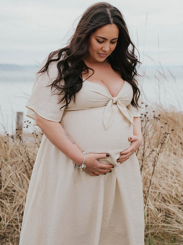 Momyknows Beige  Bow Flutter Sleeve Plus Photoshoot Maternity Maxi Dress