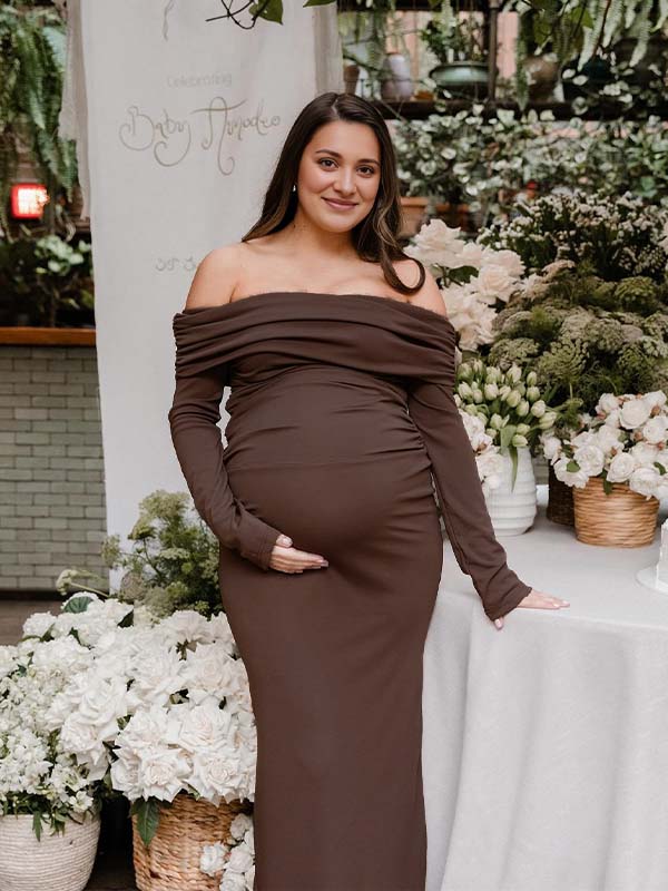 Momyknows Off Shoulder Ruched Flare Sleeve Mermaid Bodycon Fashion Photoshoot Baby Shower Maternity Maxi Dress, Coffee / L