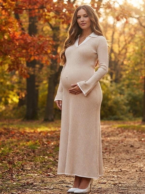 Momyknows Rice White Turndown Collar Crochet Big Swing Maternity Photoshoot Maxi Dress